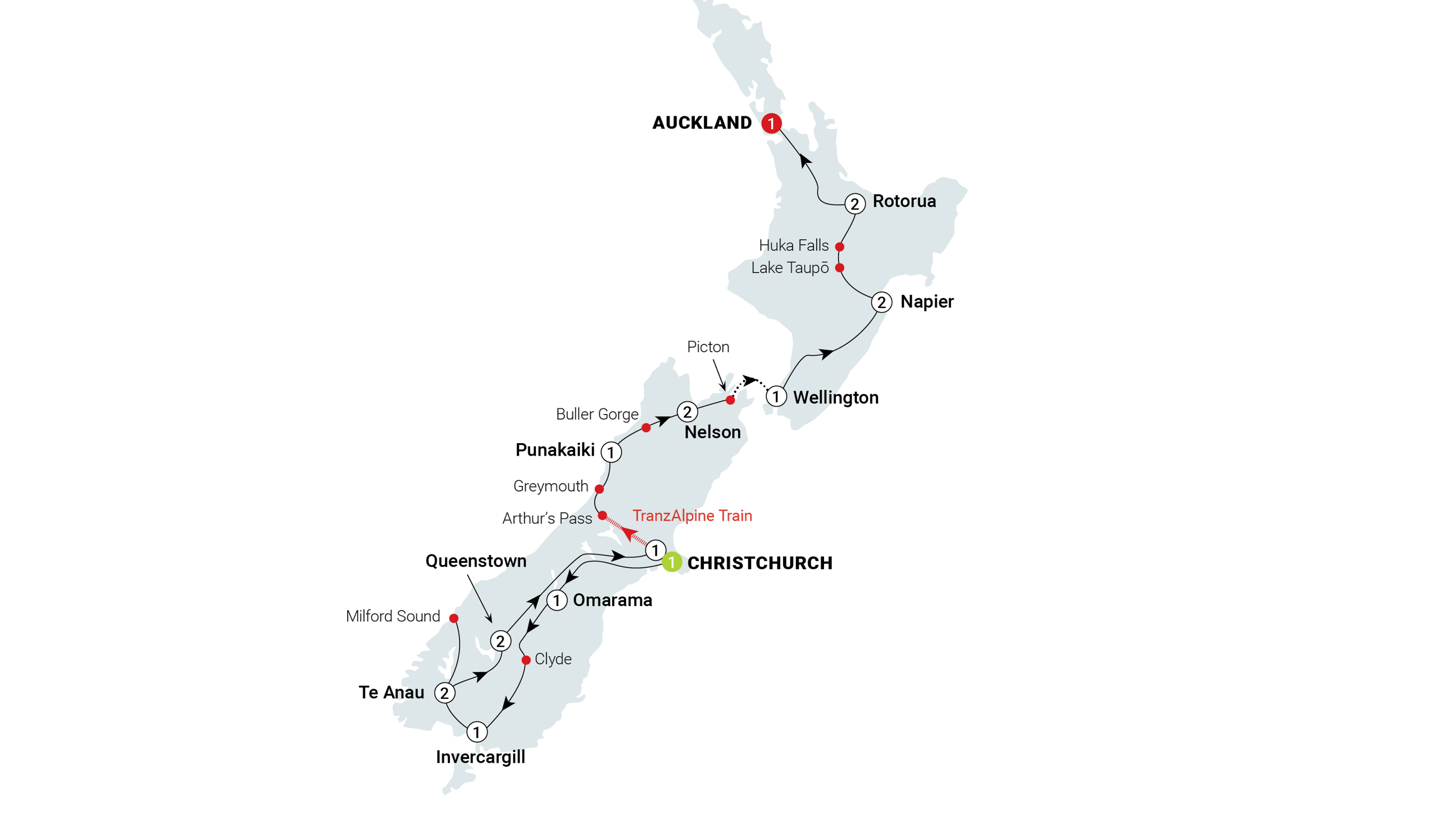 Essence of New Zealand Itinerary Map