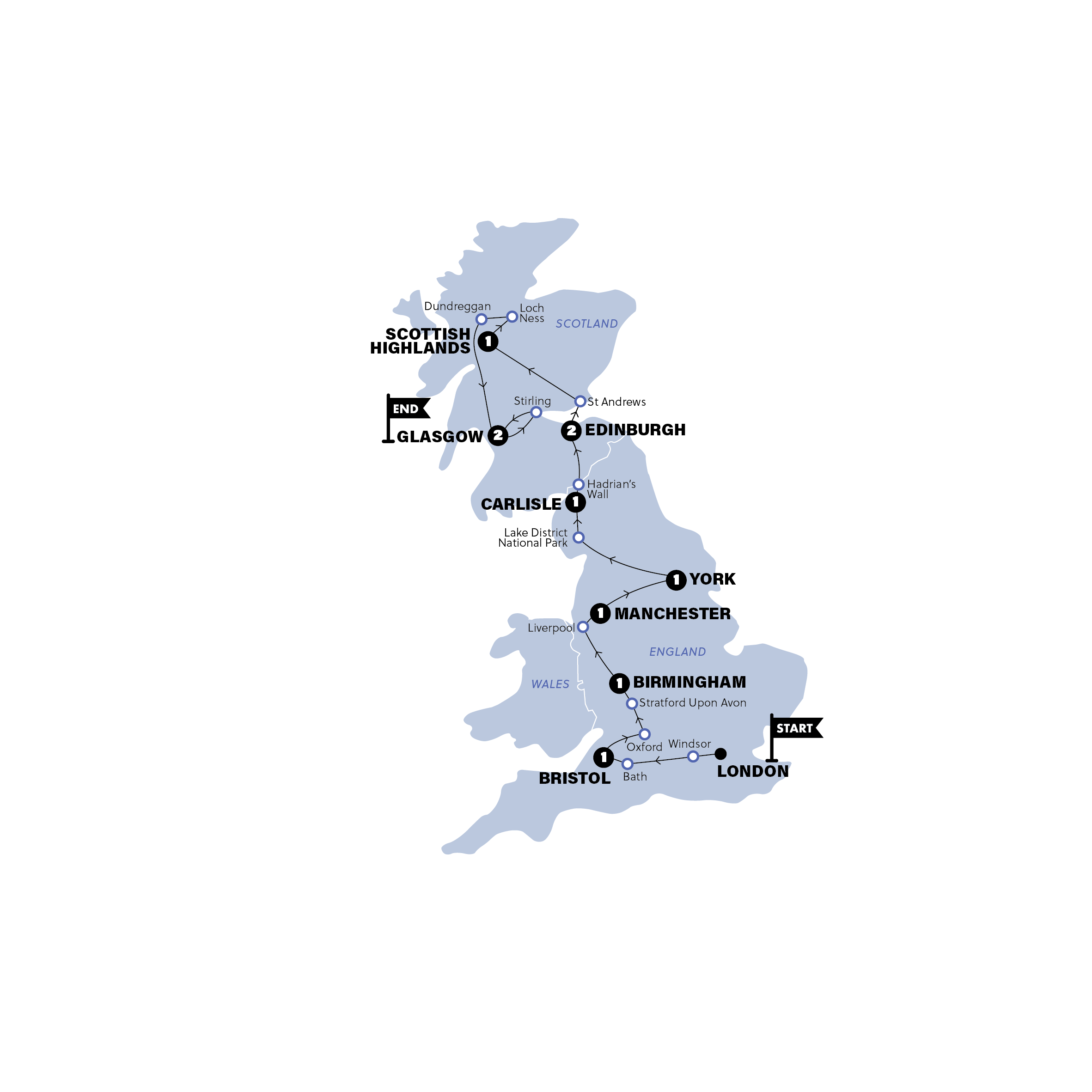 tourhub | Contiki | Sober Curious | England & Scotland | End Glasgow | Summer | 2025 | Tour Map