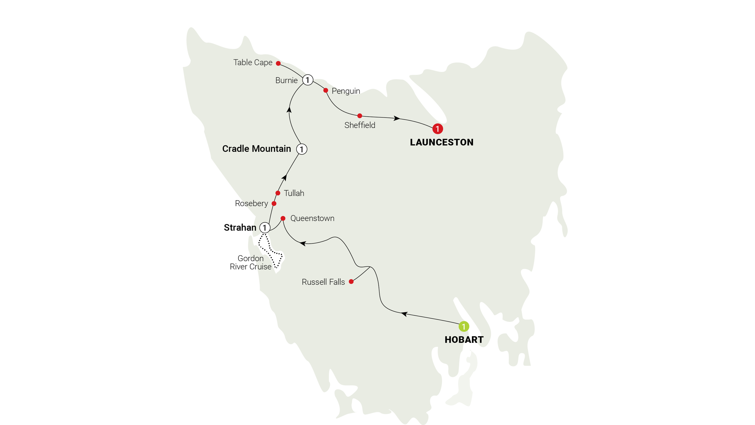 Tasmanian Wonders Itinerary Map