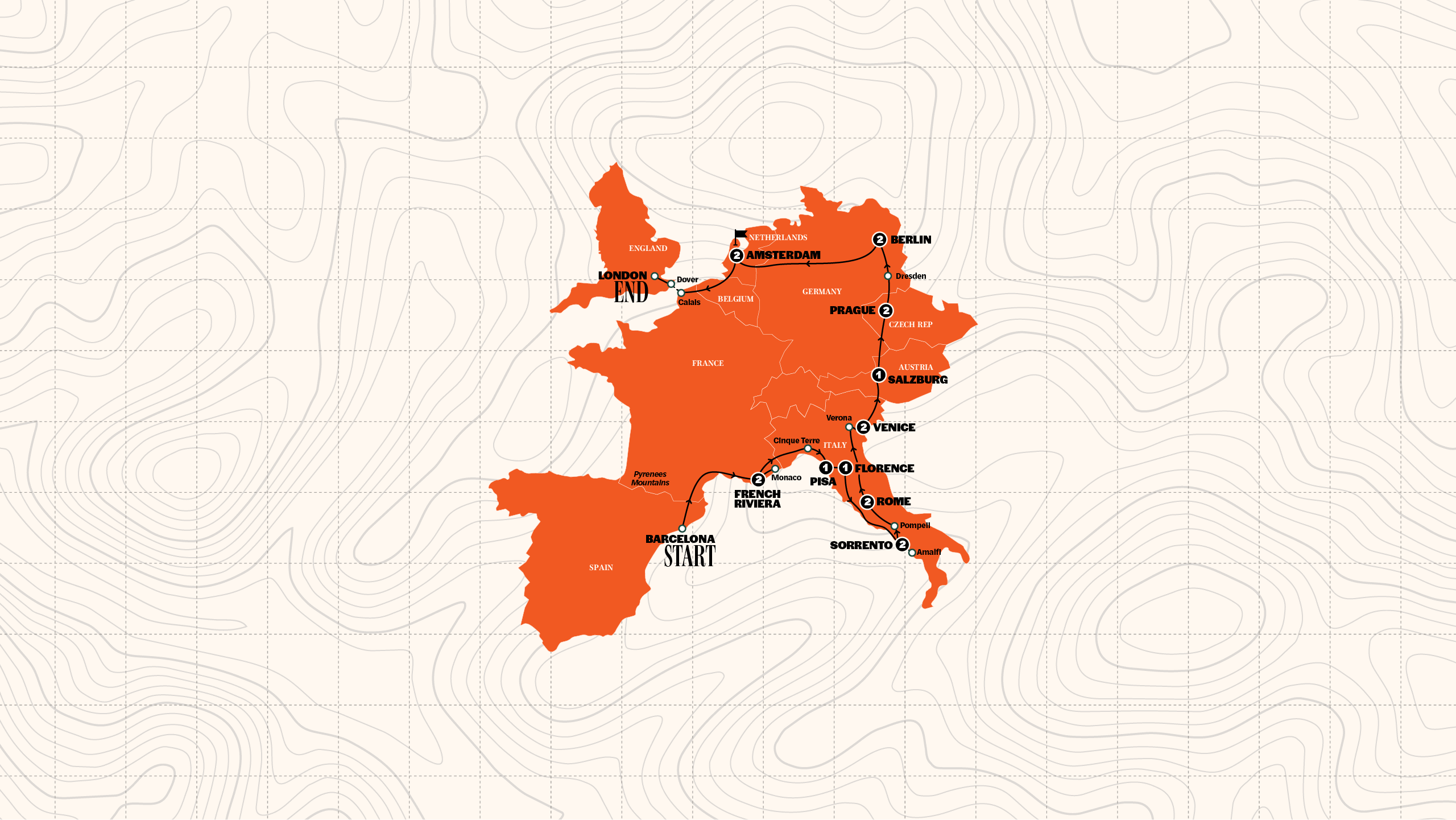 Map of Barcelona to London Quest | Hostels | Summer | 2026  from Contiki