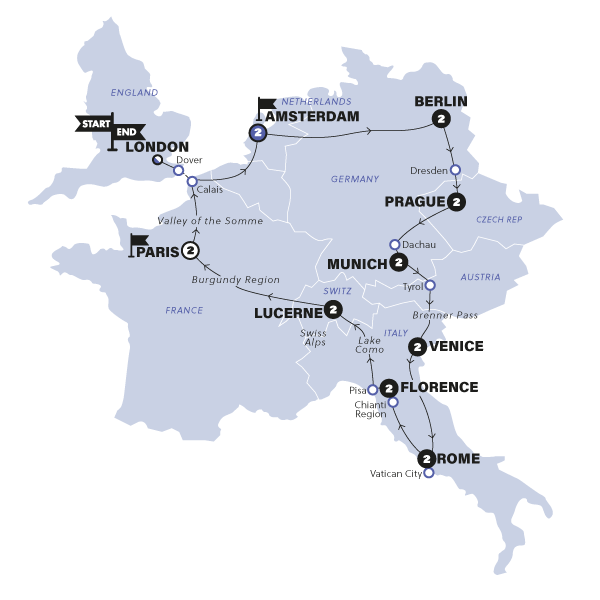 tourhub | Contiki | European Inspiration | Classic | Start London | Winter | Season 2024/25 | Tour Map