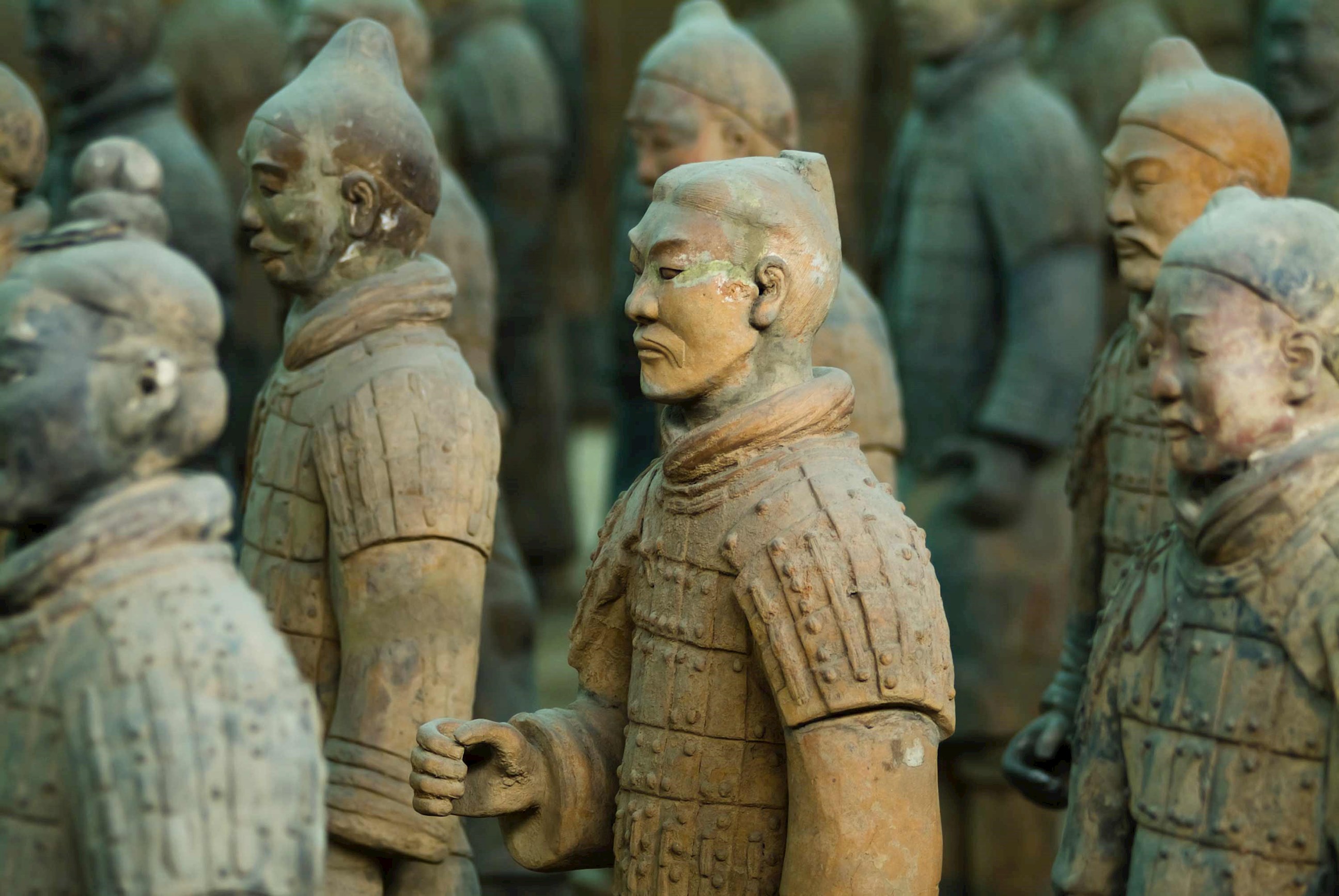 Detailed statues standing in rows in Fortifications of Xian, China