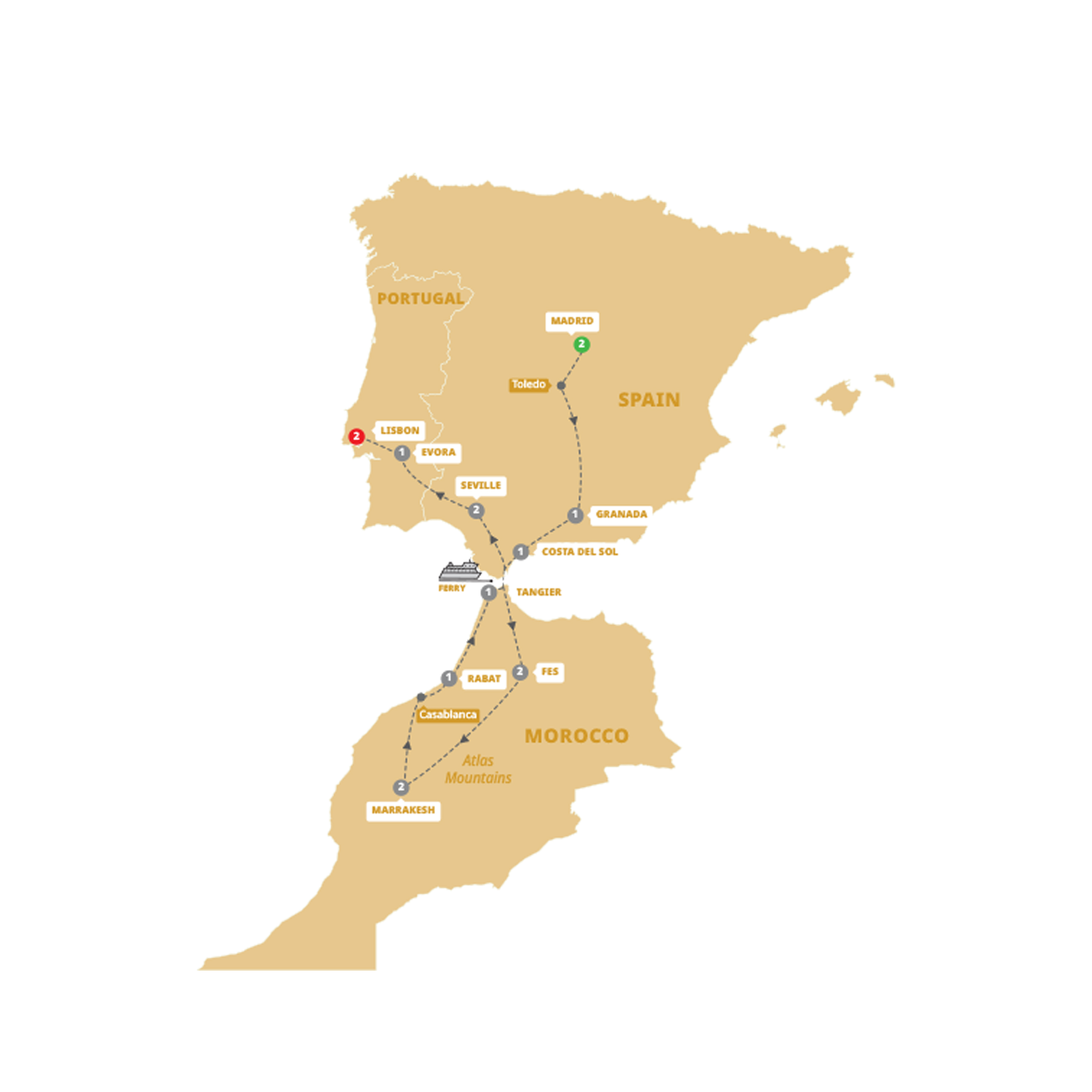 Spain, Morocco and Portugal Itinerary Map