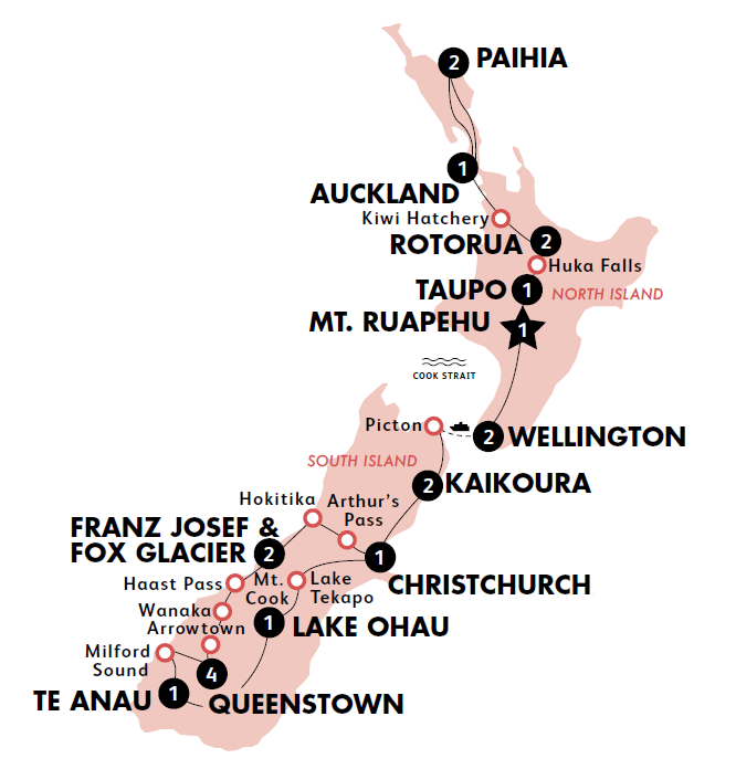 tourhub | Contiki | Ultimate New Zealand | Northbound | Oct 2025 - May 2026 | Tour Map