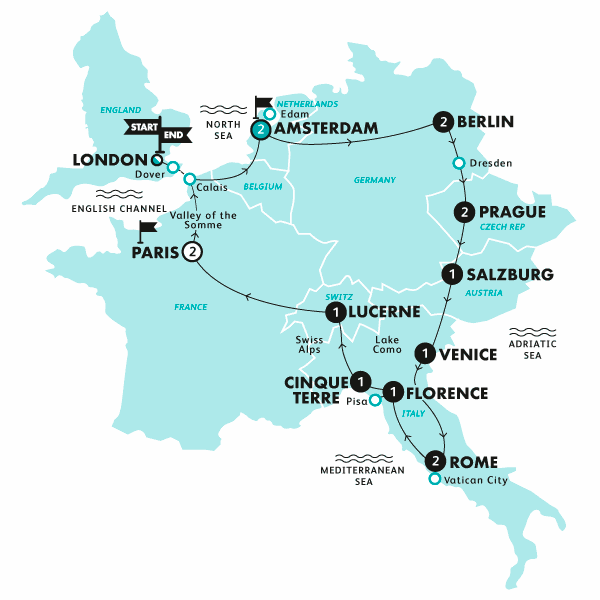 tourhub | Contiki | European Encounter (Amsterdam to London, Winter 2022-23) | WWHZWE17 | Route Map