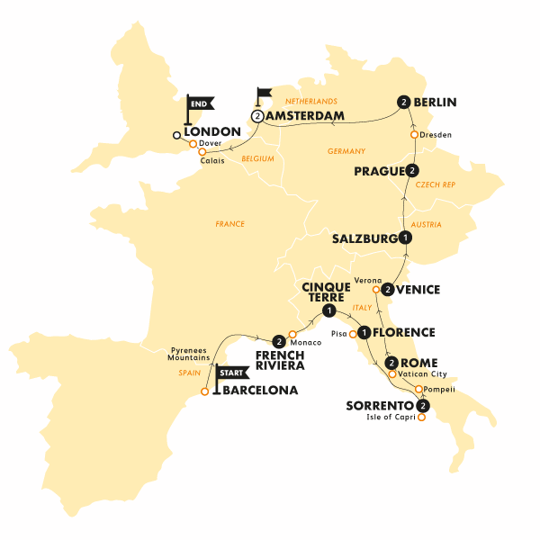 tourhub | Contiki | Barcelona to London Quest | Summer | 2024 | Tour Map