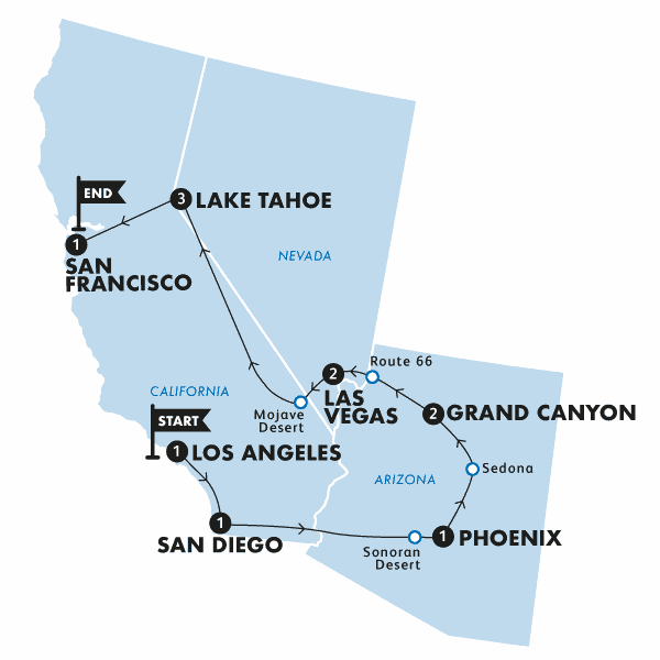 Map of the route for San Diego, Grand Canyon & Vegas