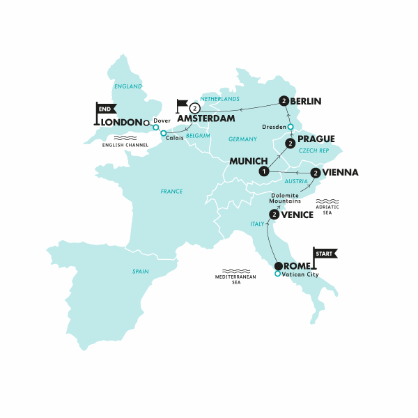 tourhub | Contiki | Rome to London Wanderer (End London, Winter 2024-25) | Tour Map