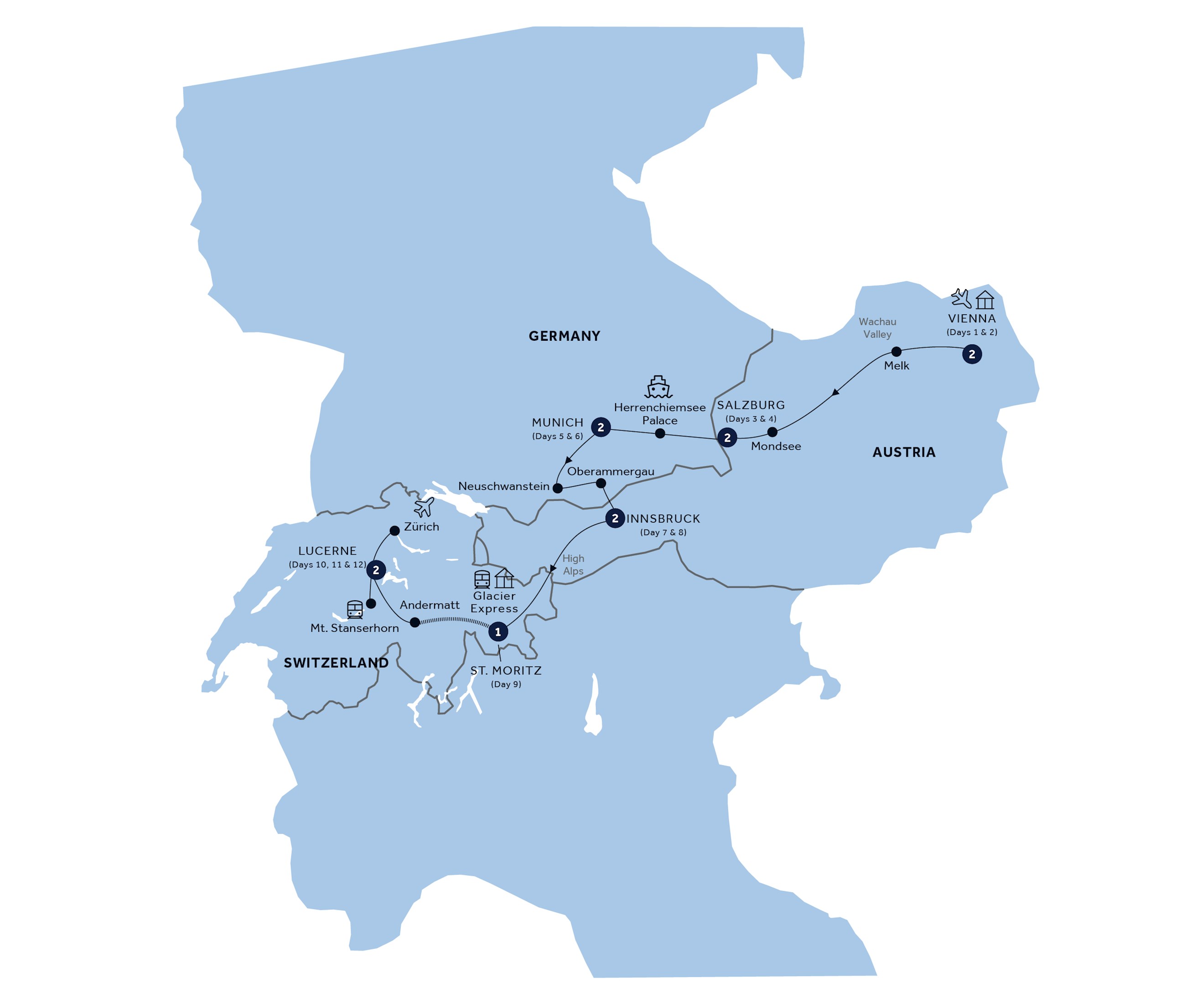 tourhub | Insight Vacations | Country Roads of Bavaria, Switzerland & Austria | Tour Map