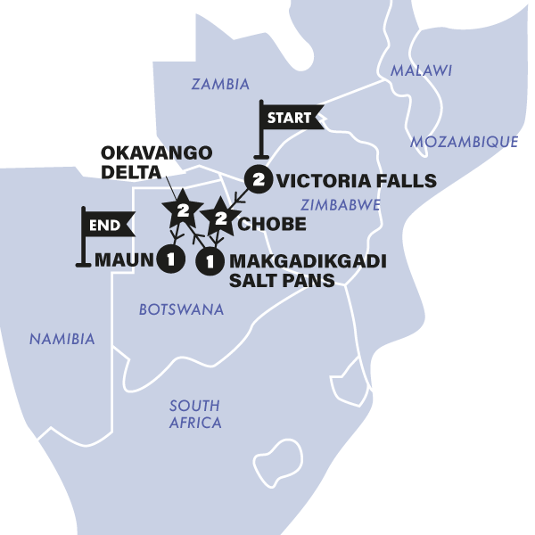 tourhub | Contiki | Victoria Falls and Botswana | 2026 | Tour Map