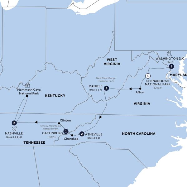 Spectacular National Parks of Eastern USA Itinerary Map