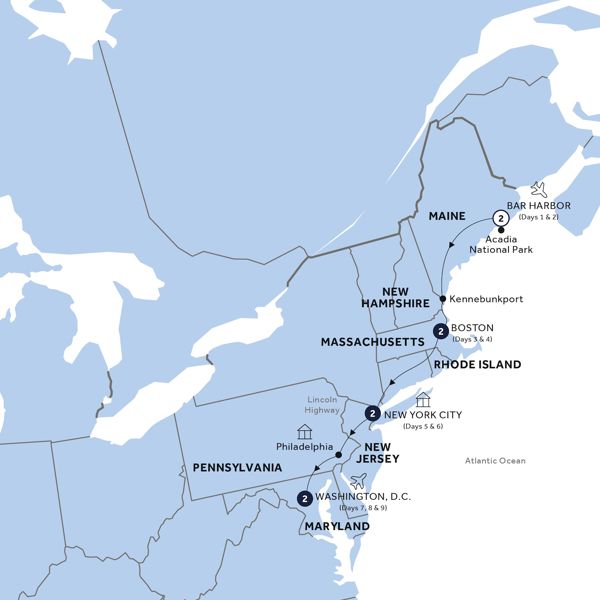 Best of East Coast USA - Classic Group Itinerary Map