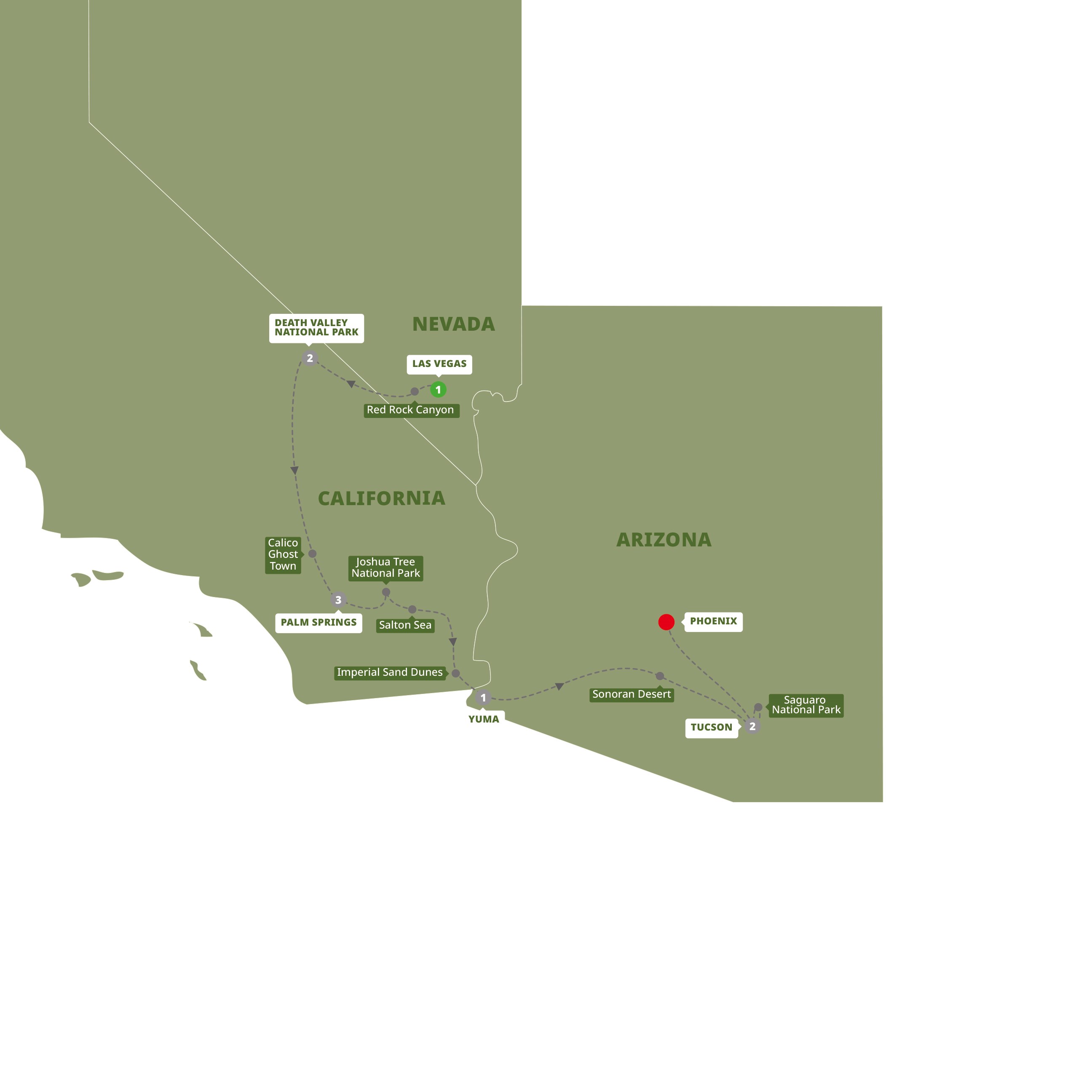 tourhub | Trafalgar | America's Great Desert National Parks  End Phoenix | Tour Map