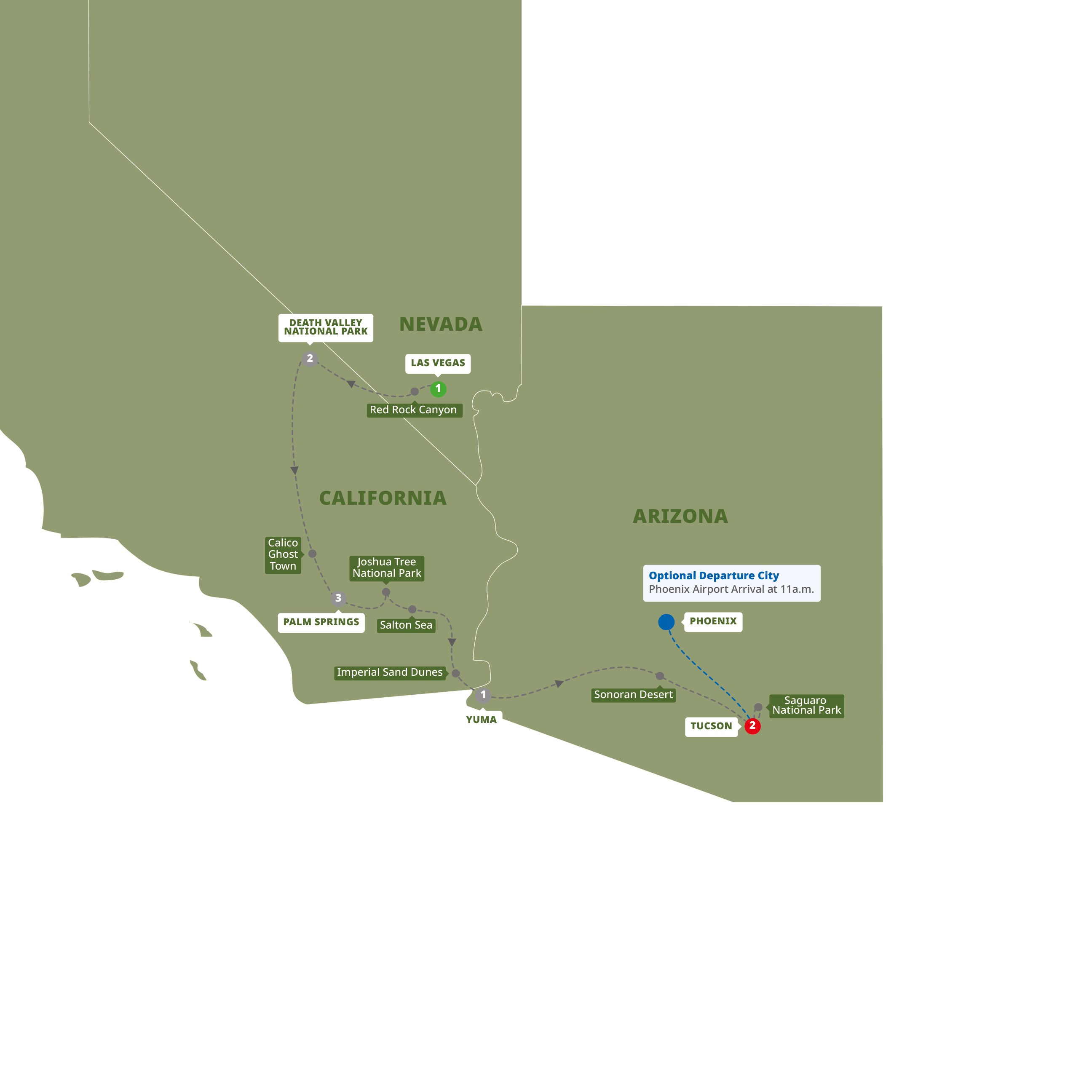 America's Great Desert National Parks  End Tucson Itinerary Map