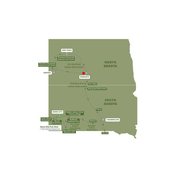 National Parks and Native Trails of the Dakotas with Black Hills Pow Wow Itinerary Map