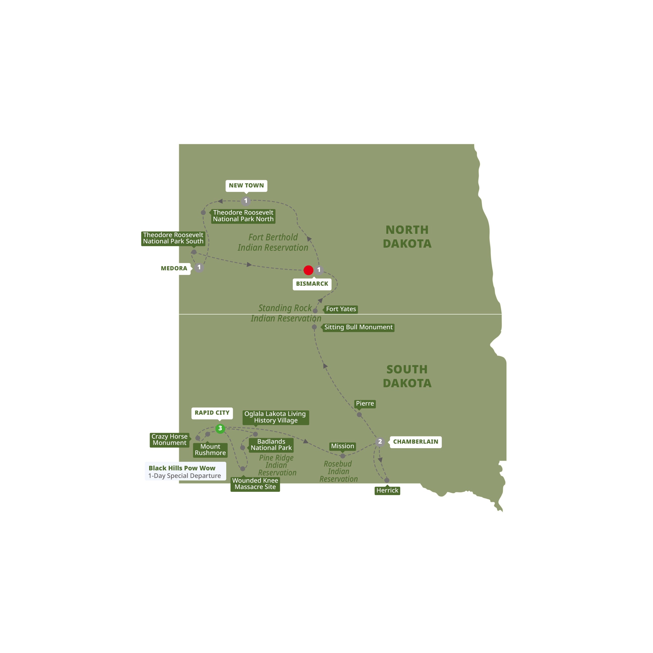 tourhub | Trafalgar | National Parks and Native Trails of the Dakotas with Black Hills Pow Wow | Tour Map