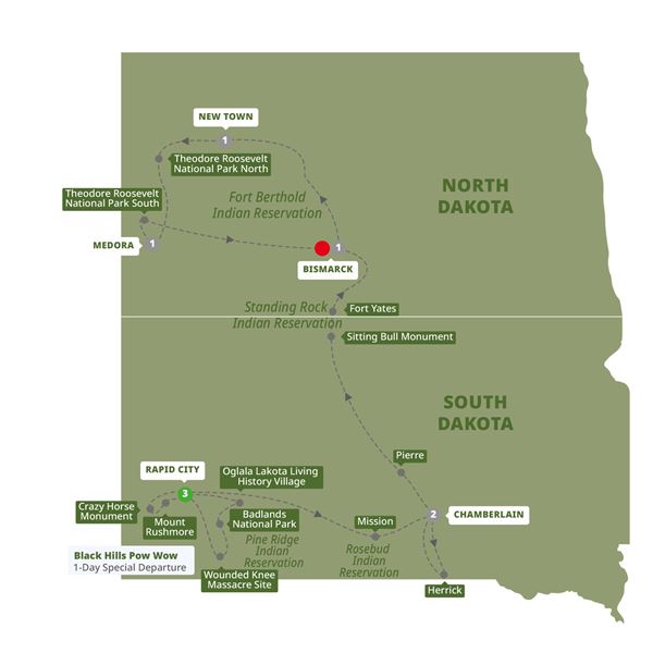 National Parks and Native Trails of the Dakotas with Black Hills Pow Wow Itinerary Map
