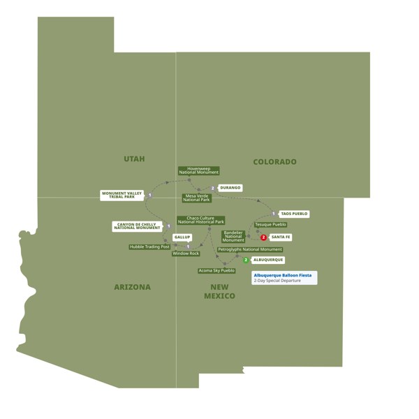 tourhub | Trafalgar | Southwest Native Trails End Santa Fe with Balloon Fiesta | Tour Map