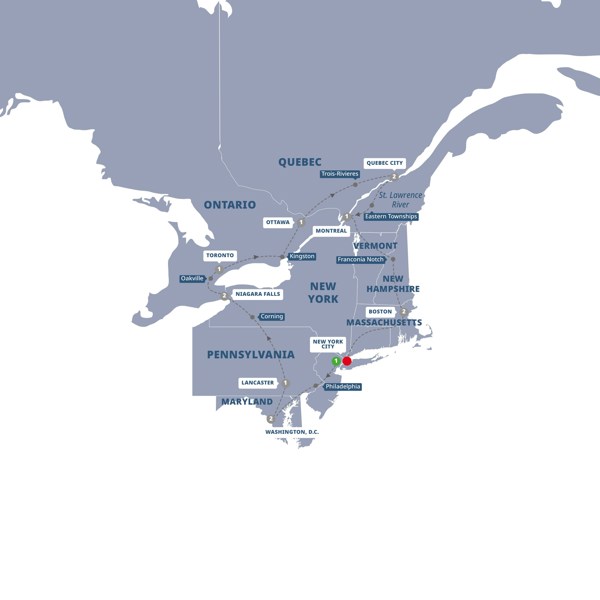 tourhub | Trafalgar | East Coast USA and Canada End New York | DEUSNZN20 | Route Map