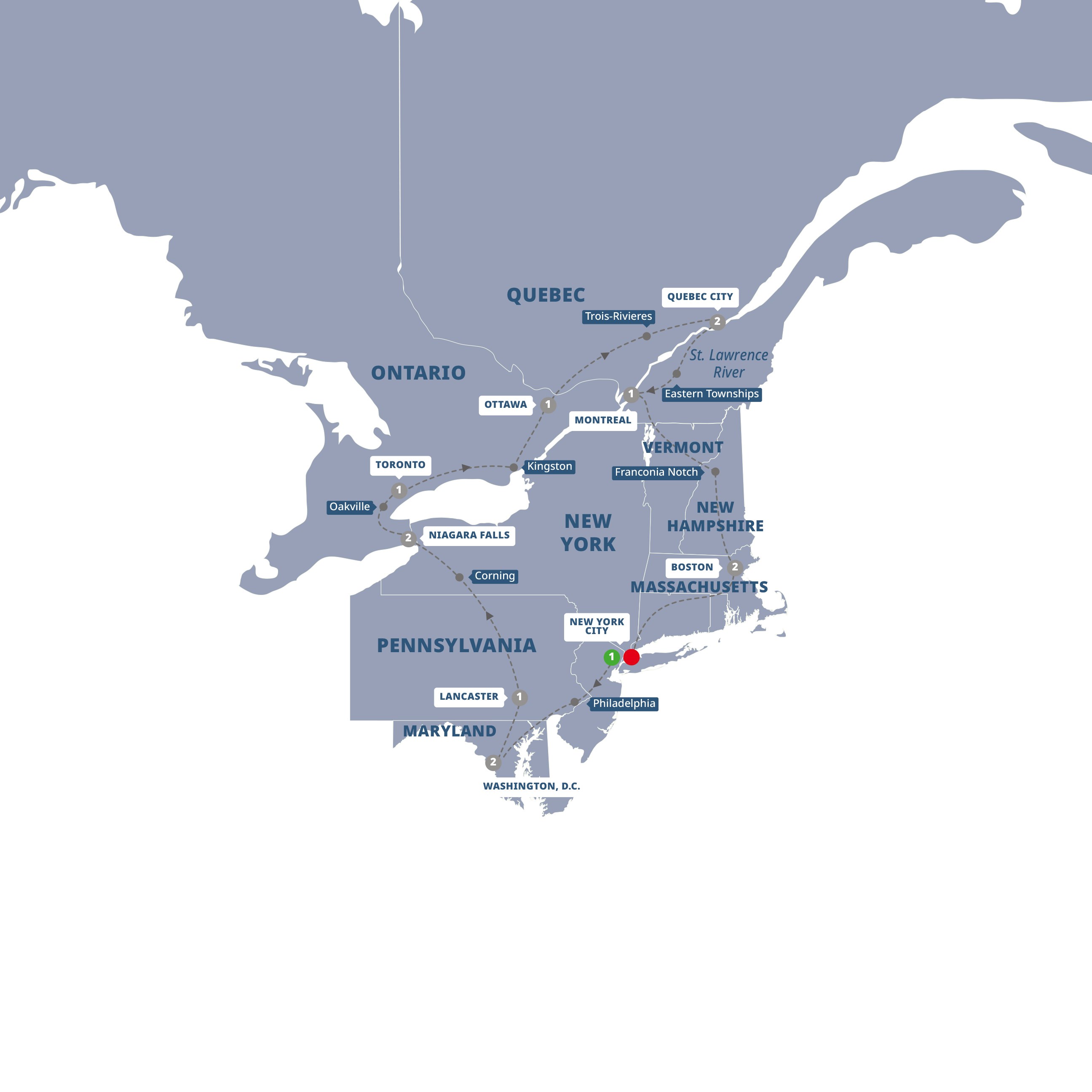 tourhub | Trafalgar | East Coast USA and Canada End New York | Tour Map