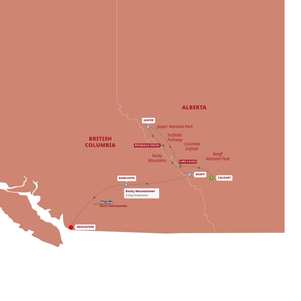 tourhub | Trafalgar | Canada's Rockies with Rocky Mountaineer (Silverleaf) | Tour Map
