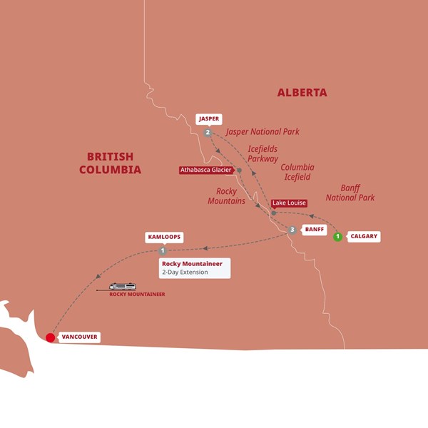tourhub | Trafalgar | Canada's Rockies with Rocky Mountaineer (Goldleaf) | DCRGN19 | Route Map