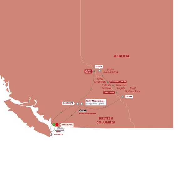 tourhub | Trafalgar | Spectacular Canadian Rockies with Rocky Mountaineer (Goldleaf) | Tour Map