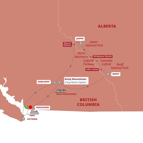 tourhub | Trafalgar | Spectacular Canadian Rockies with Rocky Mountaineer (Silverleaf) | DSCRSN19 | Route Map