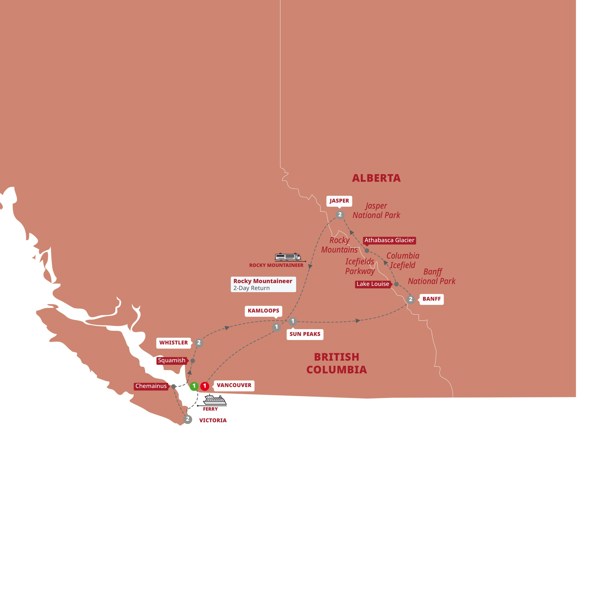 tourhub | Trafalgar | Iconic Rockies and Western Canada with Rocky Mountaineer (Goldleaf) | Tour Map