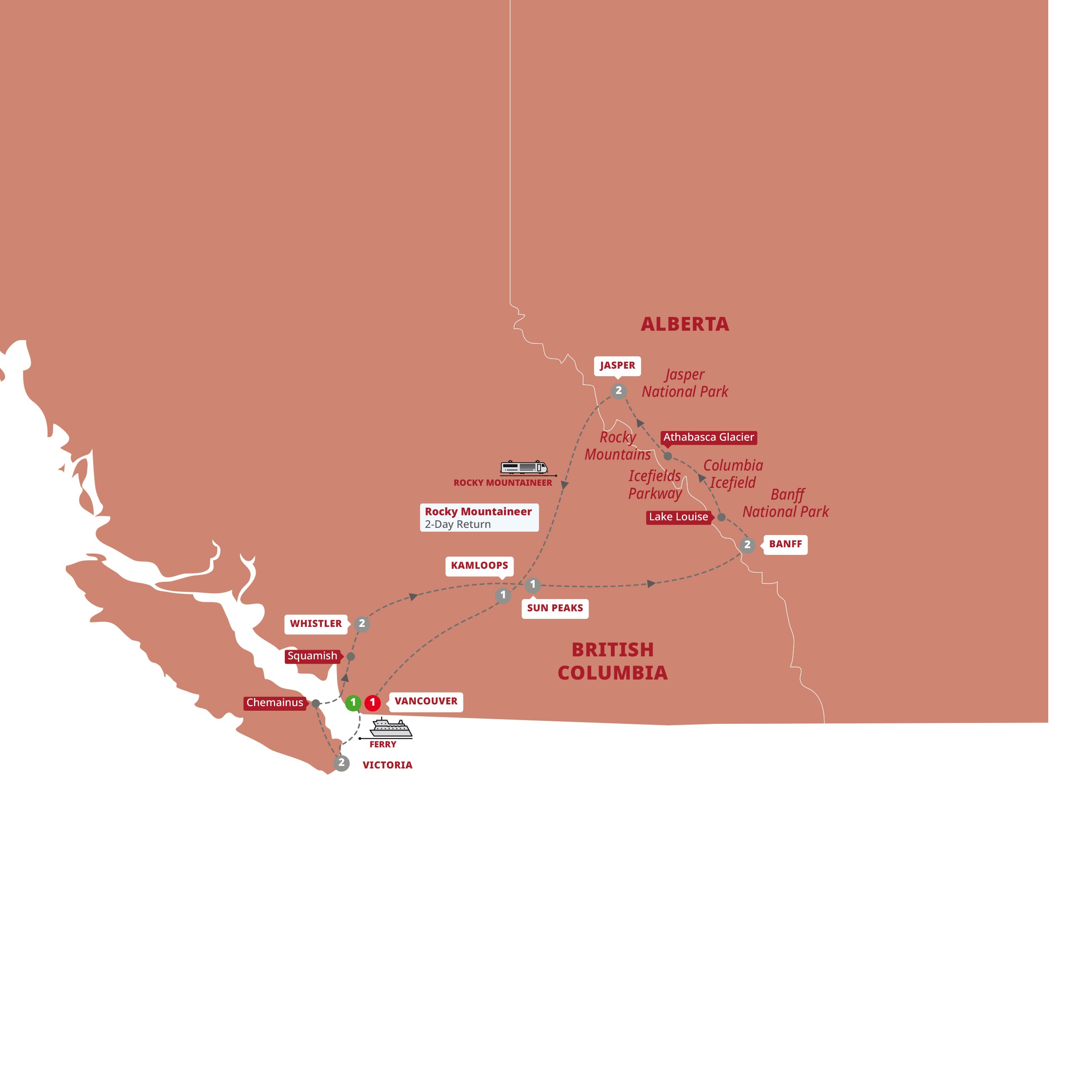 tourhub | Trafalgar | Iconic Rockies and Western Canada with Rocky Mountaineer Silverleaf | Tour Map