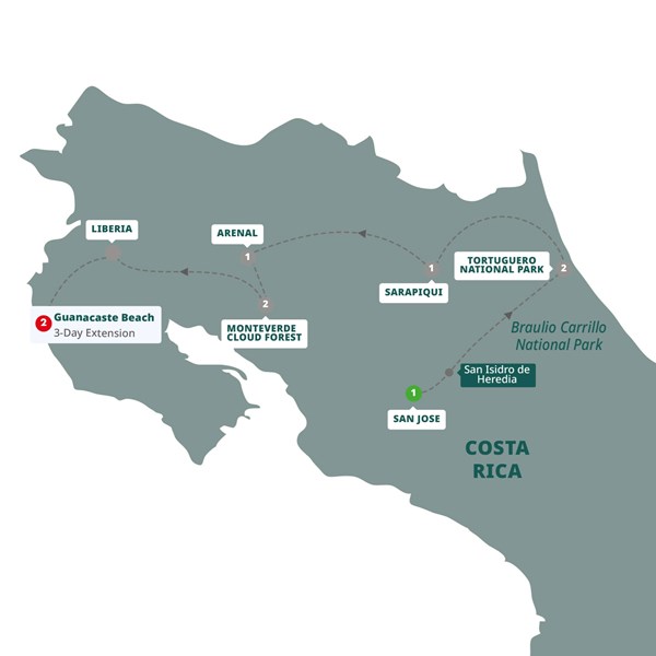 tourhub | Trafalgar | Costa Rica Eco Adventure with Guanacaste | LCRGN18 | Route Map