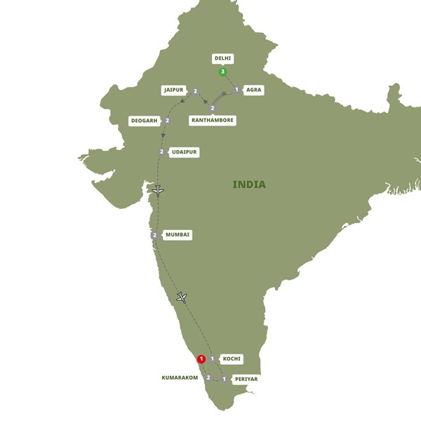 tourhub | Trafalgar | Uncover India: Delhi to Kerala | INDKZN19 | Route Map