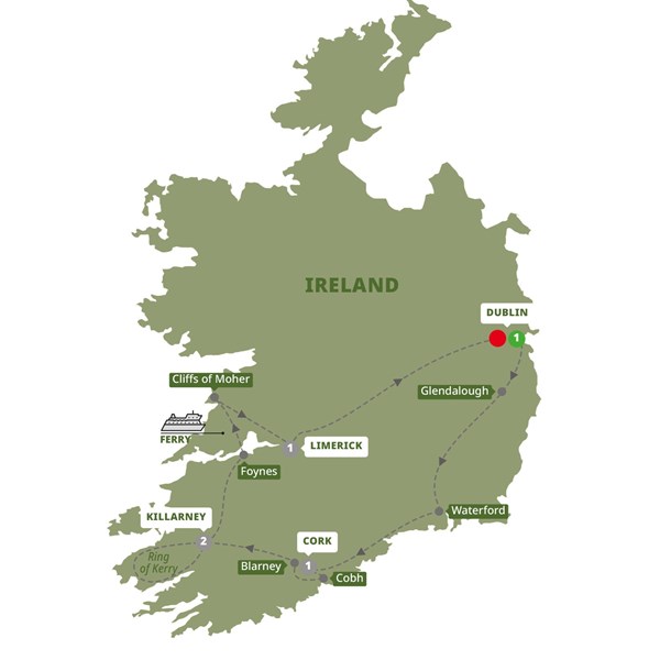 tourhub | Trafalgar | Treasures of Ireland End Dublin | BRSDAZM120 | Route Map