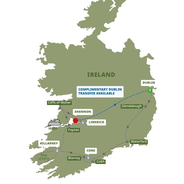 tourhub | Trafalgar | Treasures of Ireland End Shannon | Tour Map