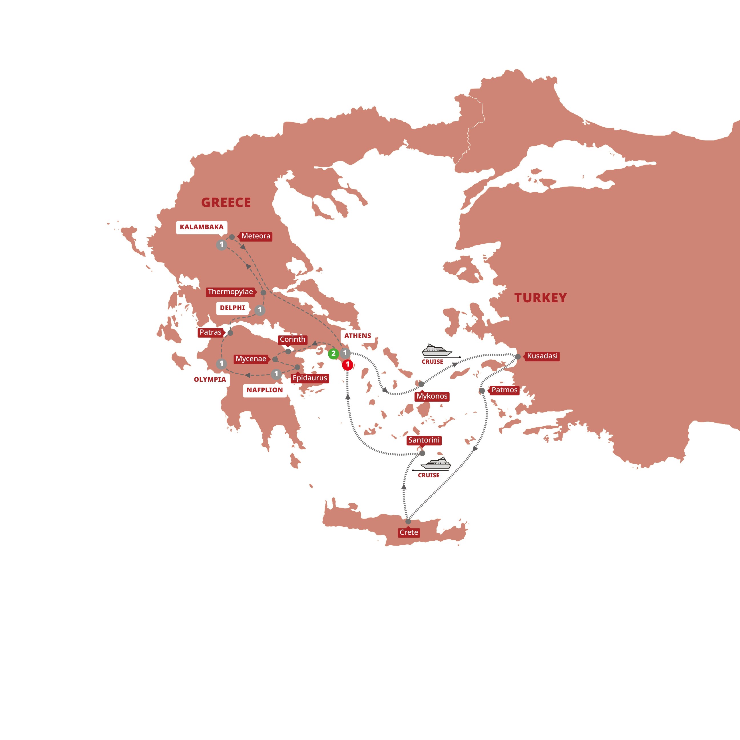 Map of Best of Greece with 3-Day Aegean Cruise Premier from Trafalgar
