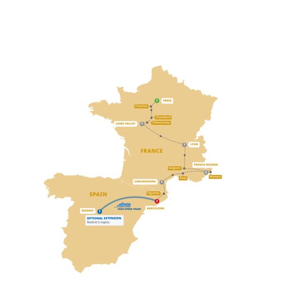 Highlights of France and Barcelona Itinerary Map