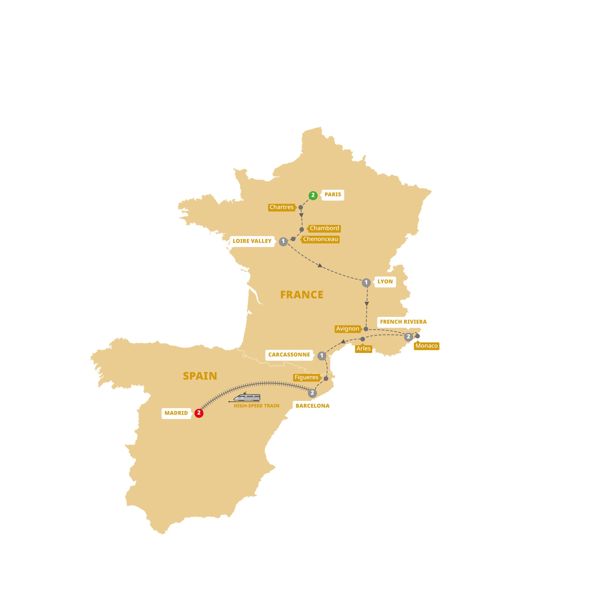 Highlights of France and Barcelona with Madrid Extension Itinerary Map