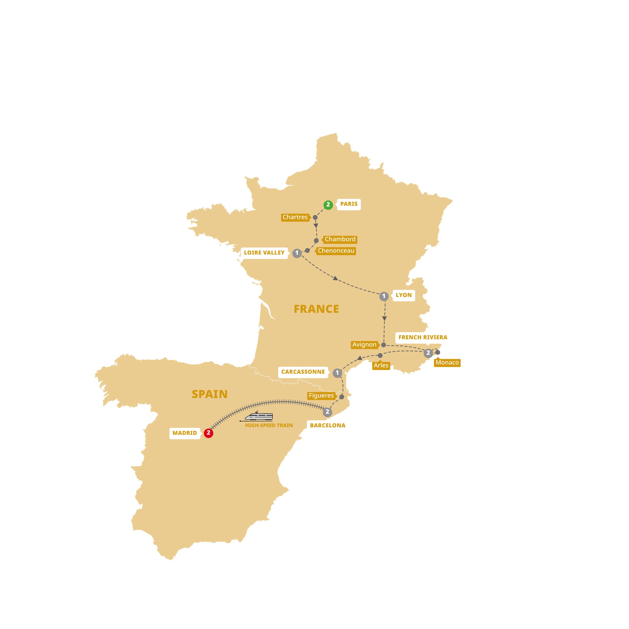 tourhub | Trafalgar | Highlights of France and Barcelona with Madrid Extension | Tour Map
