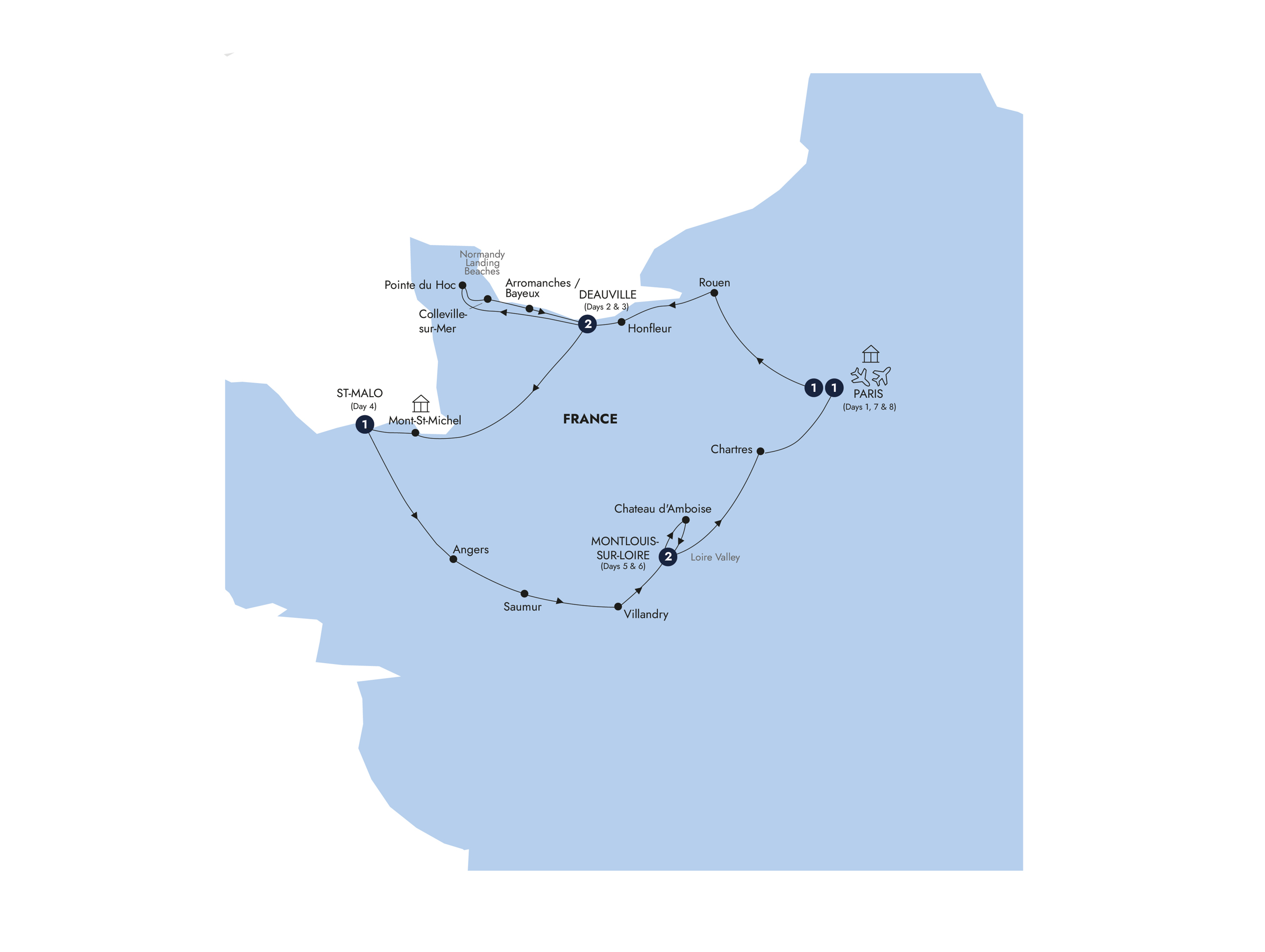 Map of Normandy, Brittany & The Loire Valley (2026) from Insight Vacations