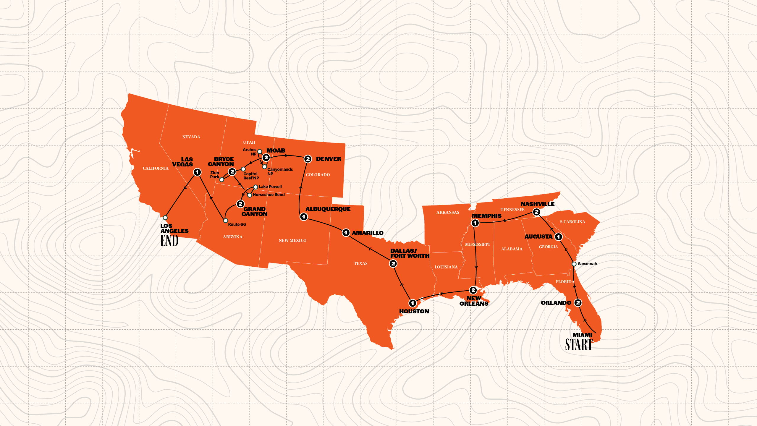 Map of USA Road Trip: Start Miami | End Las Vegas | 2027 from Contiki