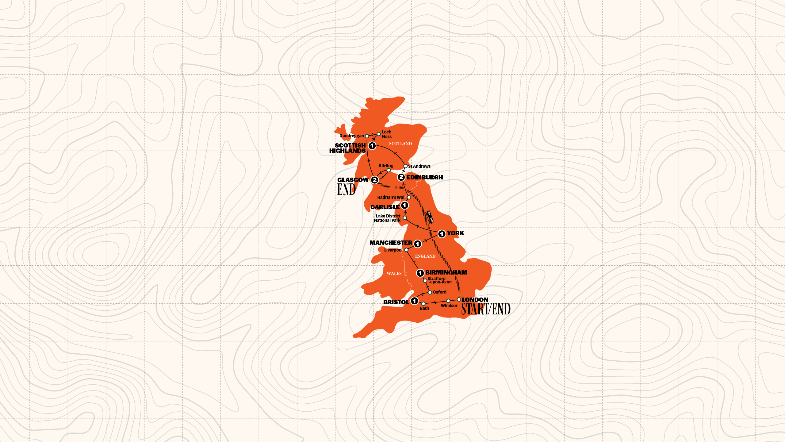 Map of Best of England & Scotland | Classic | End London | Summer | 2026 from Contiki