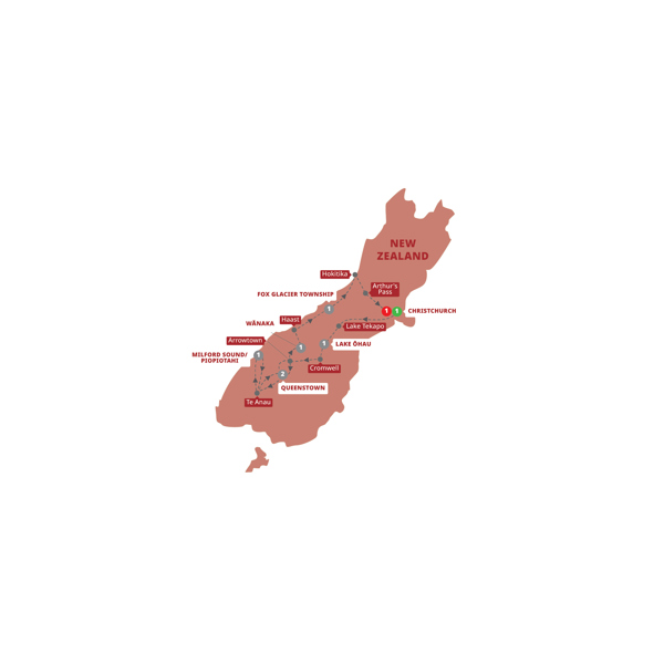 New Zealand's Southern Drift - Small Group Itinerary Map