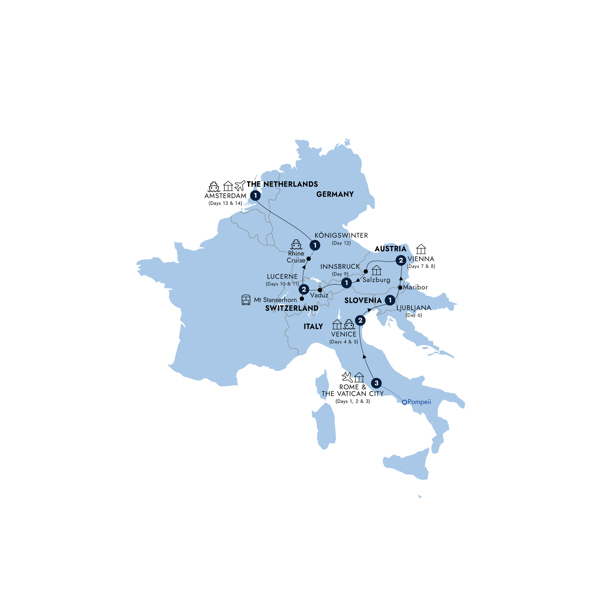 Splendid Europe - End Amsterdam, Classic Group Itinerary Map