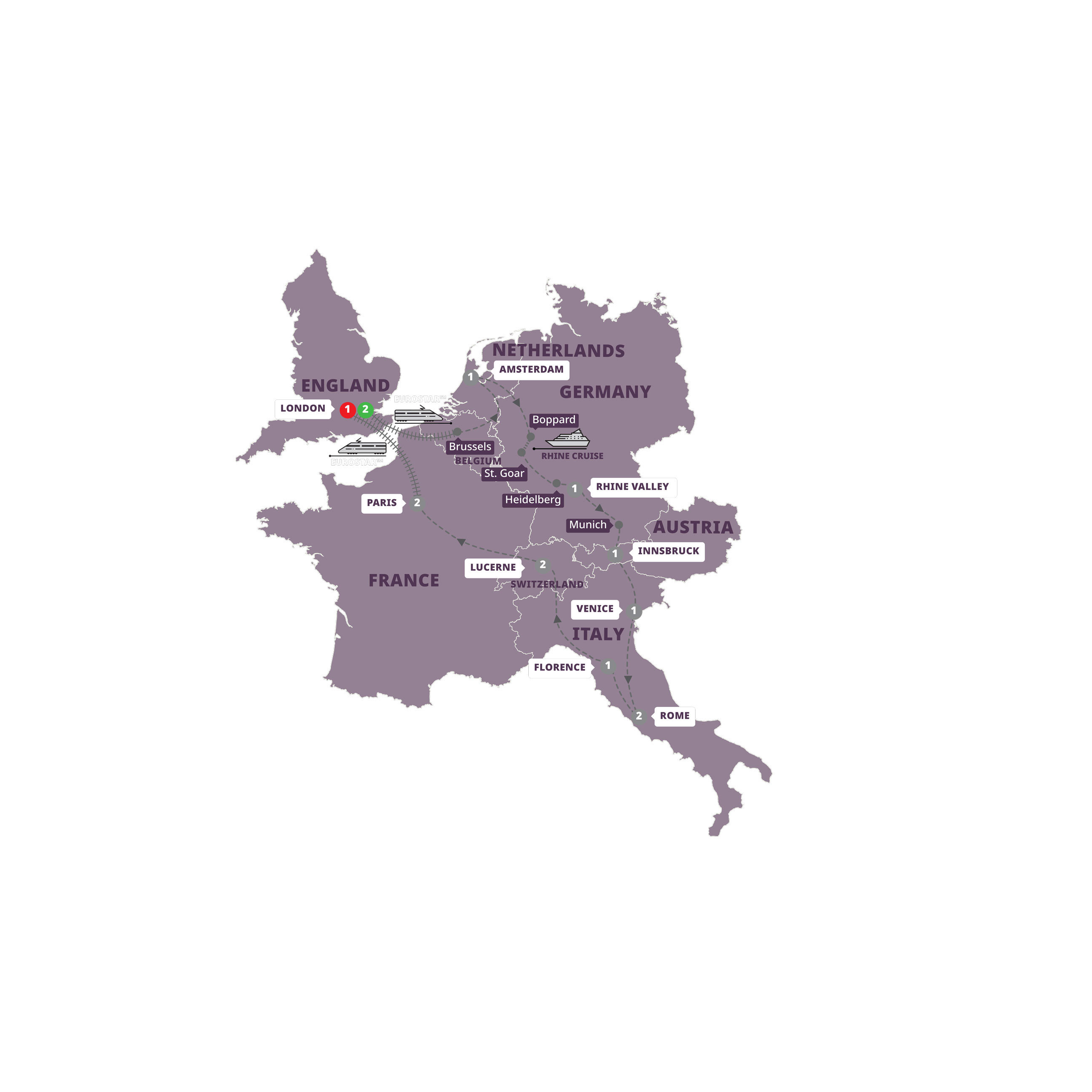 Map of European Whirl with Eurostar™ Extension from Trafalgar