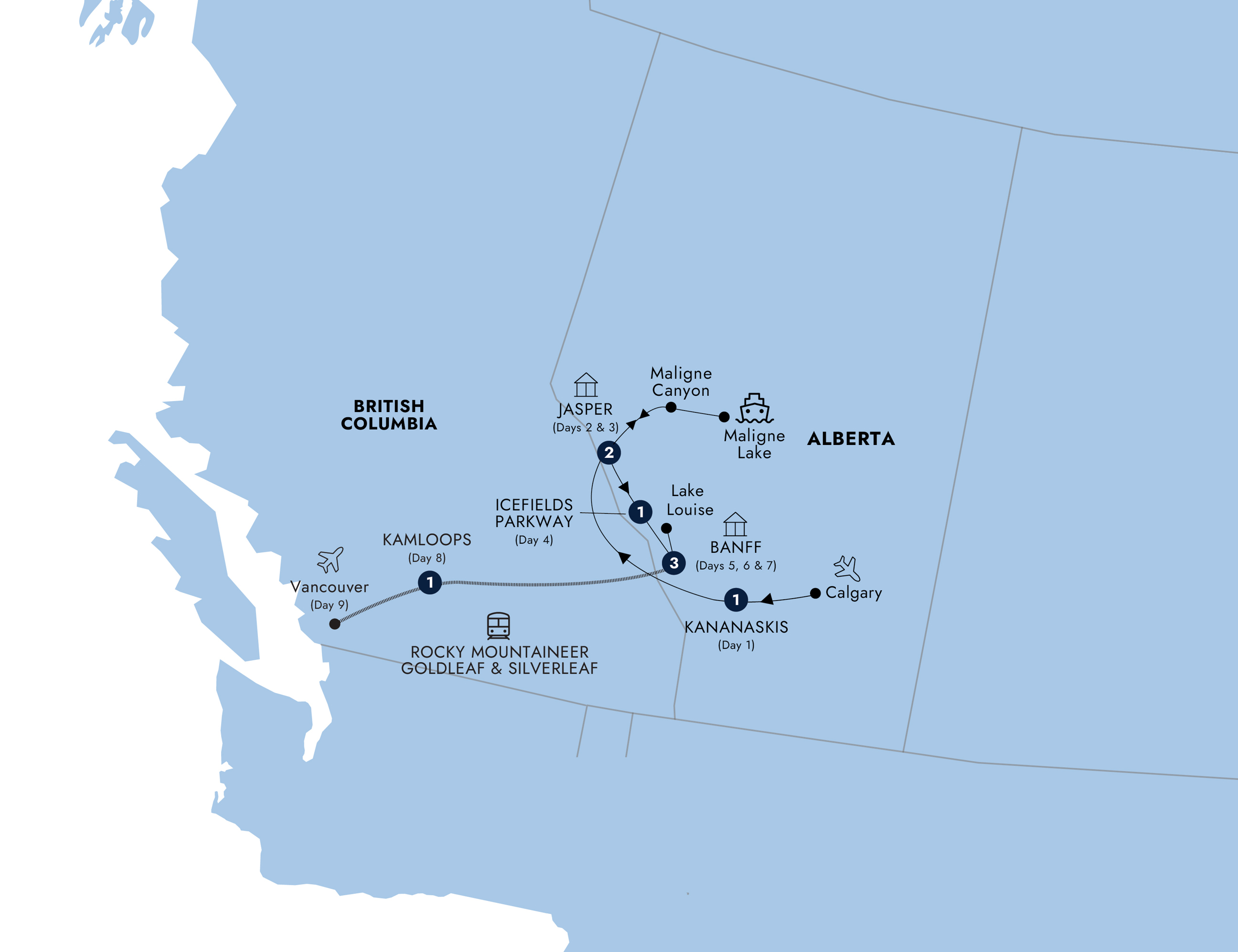 Map of Spectacular Rockies and Glaciers of Alberta with Rocky Mountaineer Silverleaf Option from Insight Vacations