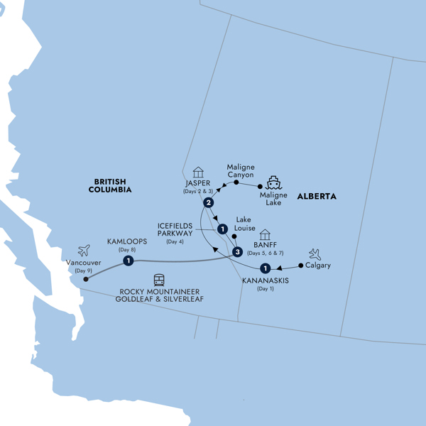 Spectacular Rockies and Glaciers of Alberta with Rocky Mountaineer Option Itinerary Map