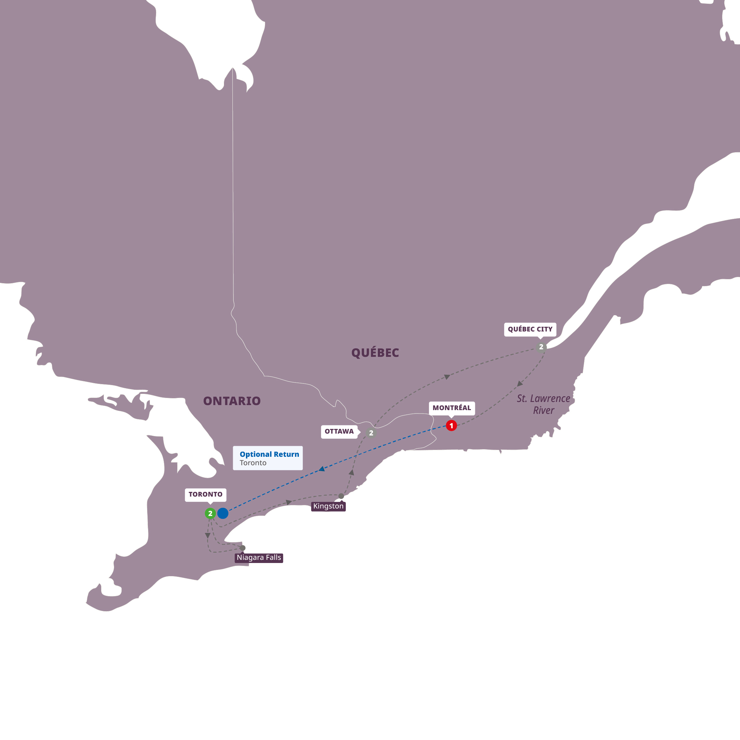Map of Essence of Eastern Canada end Montreal from Trafalgar