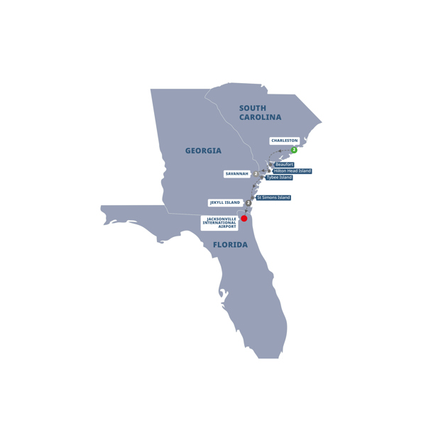 Charms of the Southeast USA Itinerary Map