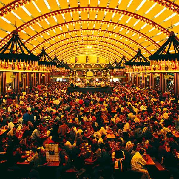 Packed Oktoberfest beer hall tent with ornate vaulted ceiling and thousands of revellers at long wooden tables in Munich Germany - Contiki Oktoberfest Tour