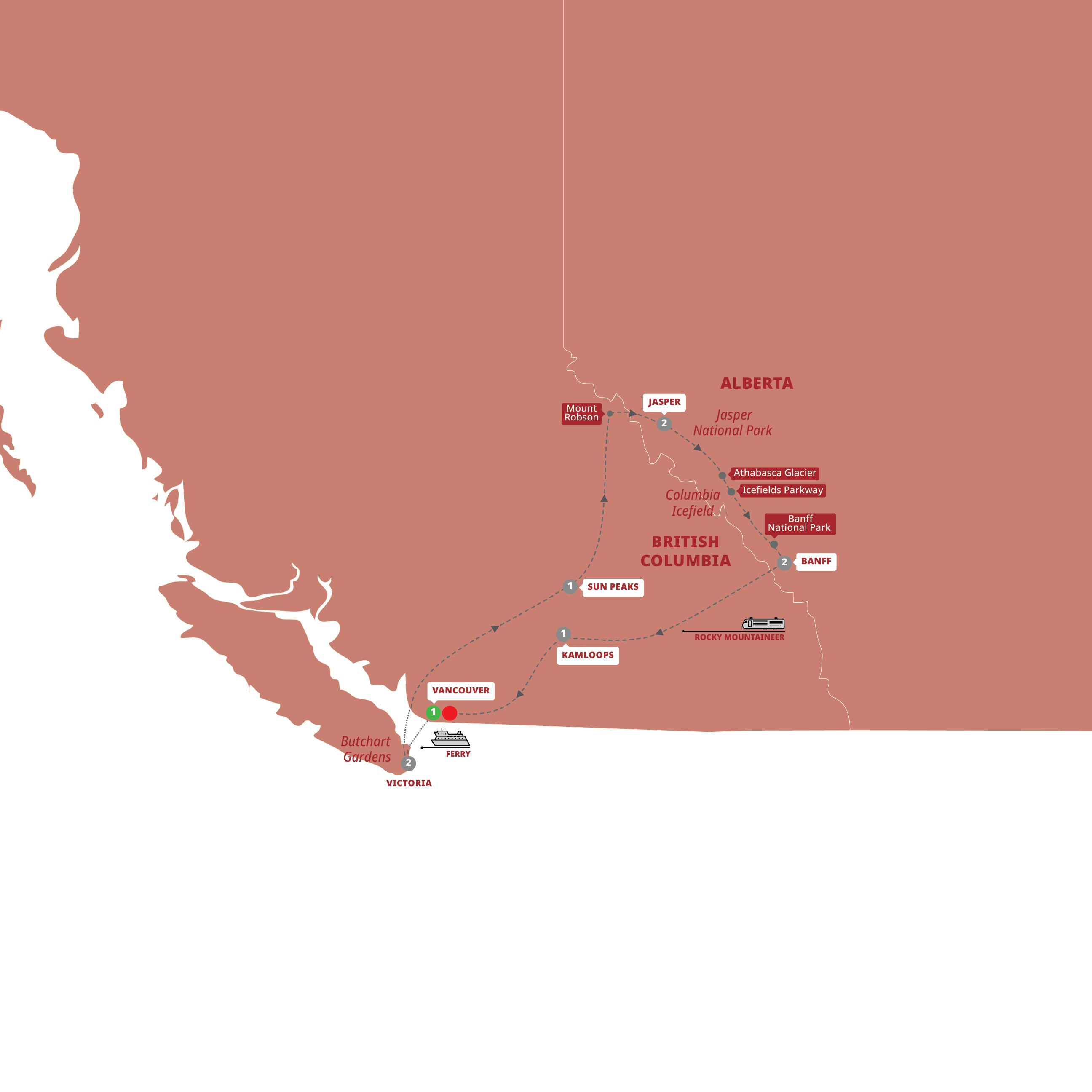 Map of Wonders of the Canadian Rockies with Rocky Mountaineer (Silverleaf) from Trafalgar